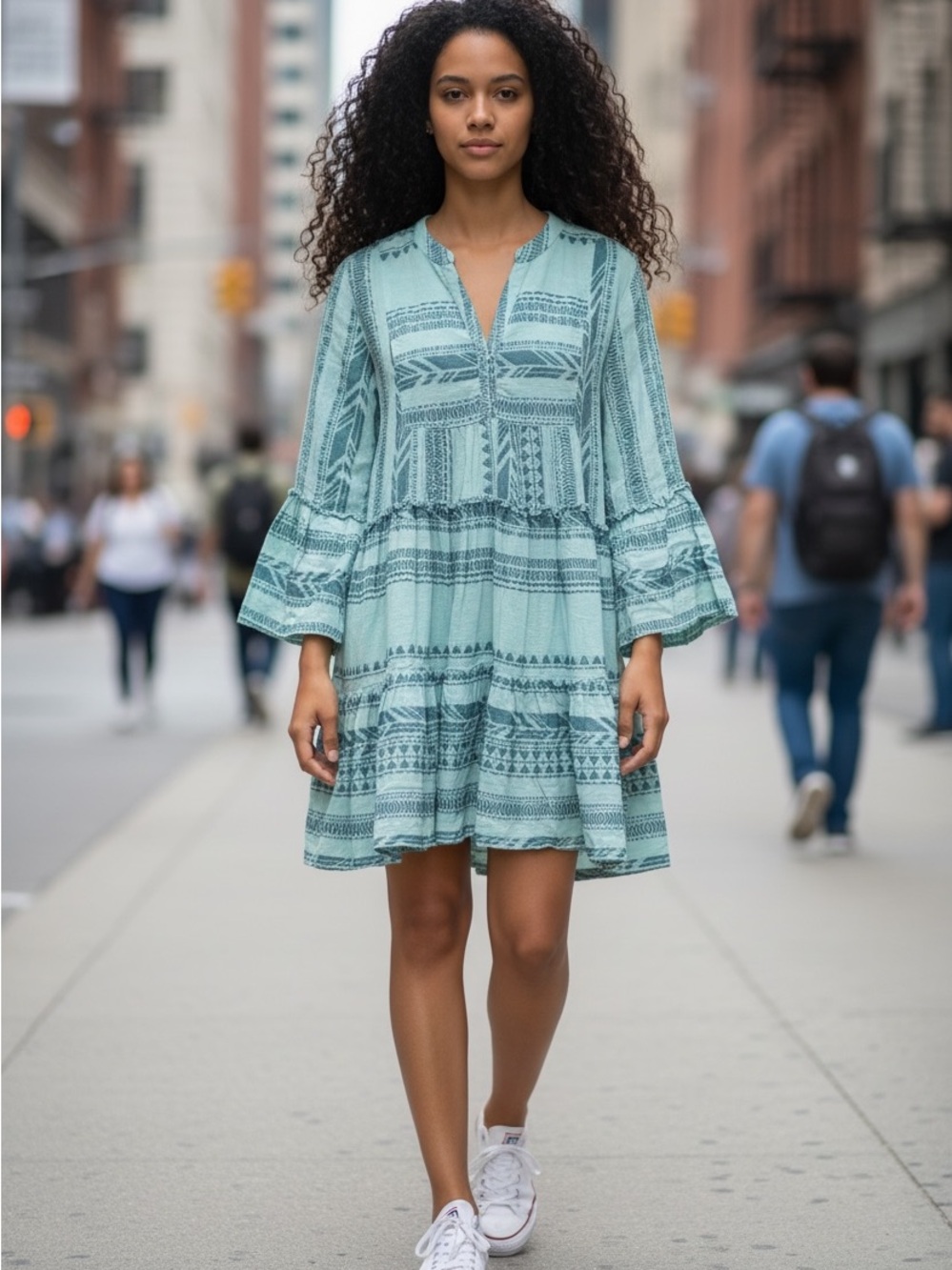 Elan Light Teal Printed Tiered V-Neck Mini Dress